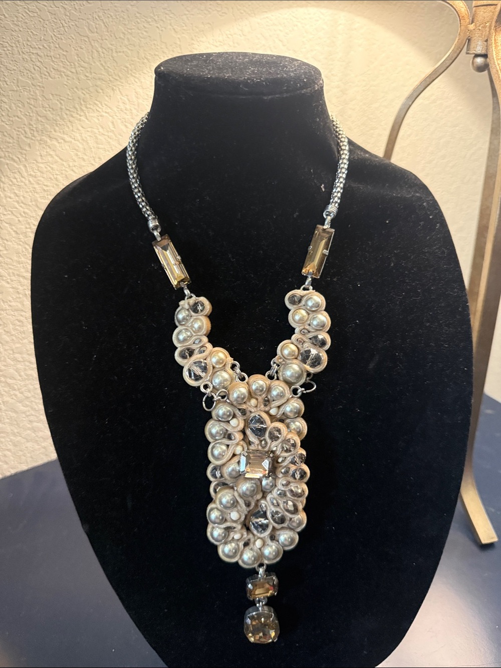 Statement Pearl and Crystal Pendant Necklace - Silver and Champagne